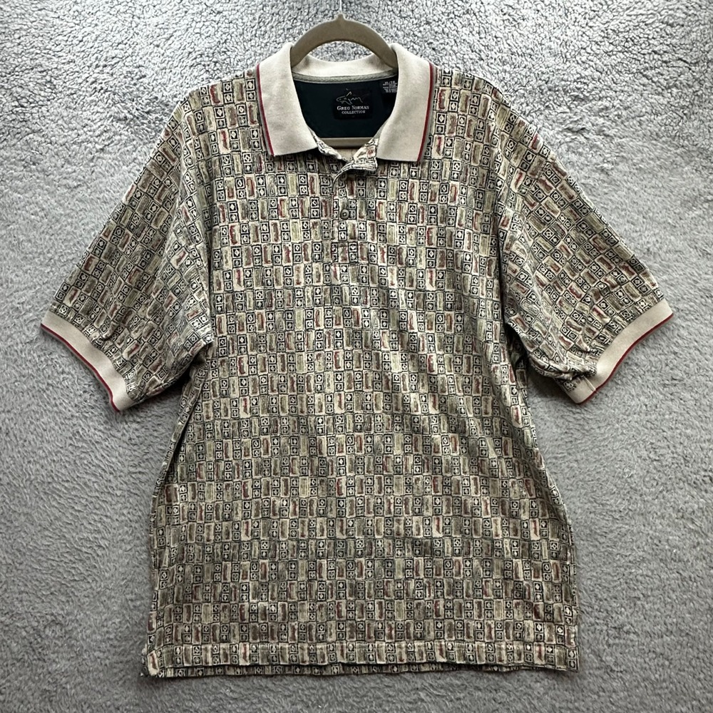 VTG Greg Norman Men's XL Penn State Polo Shirt Beige Geometric Cotton Golf Top